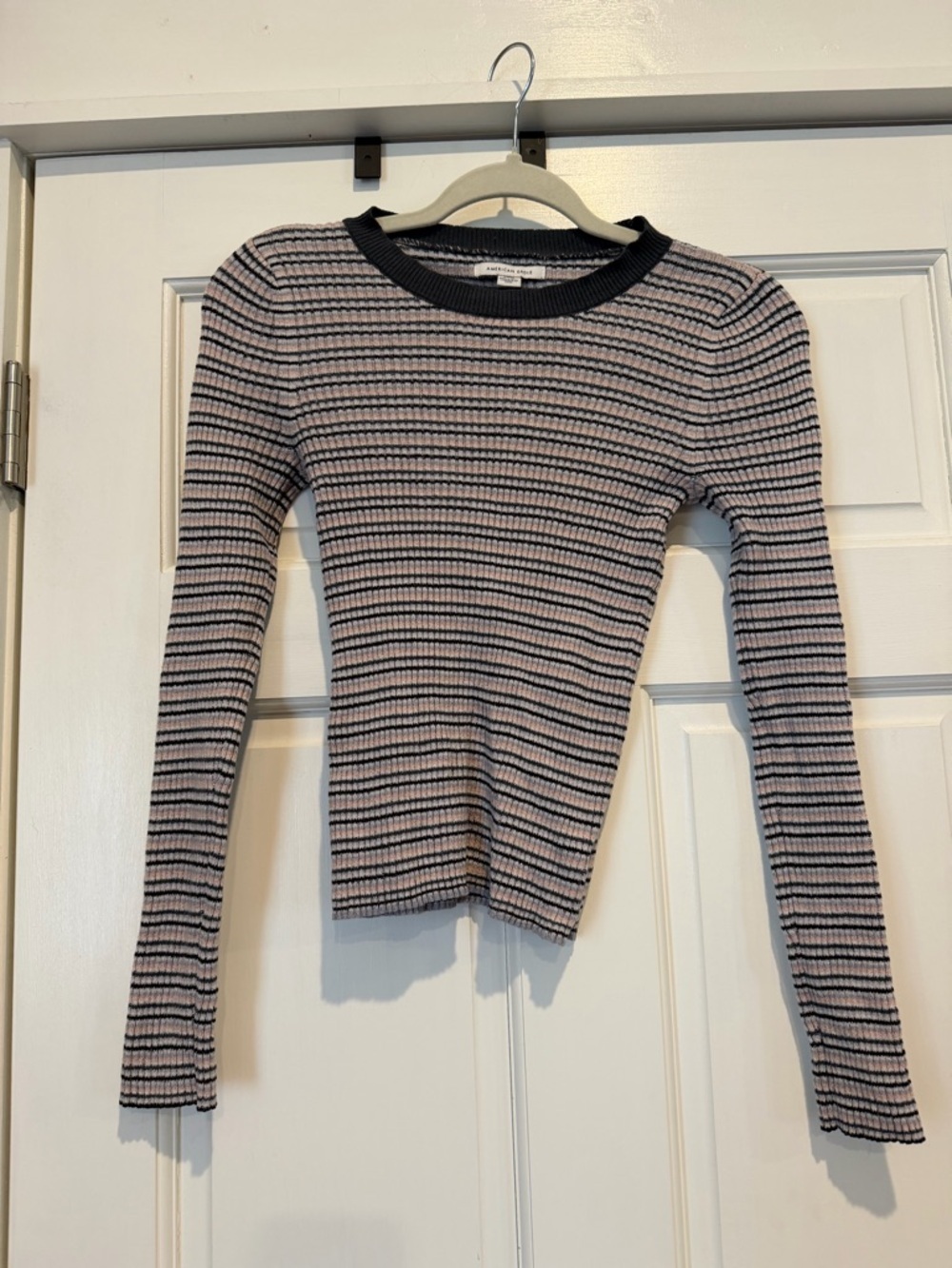 American Eagle Outfitters Gray and Light Pink Striped Ribbed Long-Sleeve Top